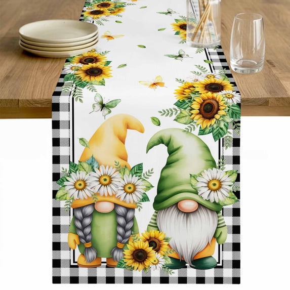 Sunflower Gnomes Table Runner - 60 Inch Long Spring Farmhouse Country Daisy Leaf Plaid Cotton and Linen Blended Dress Scarves Farmhouse Table Runner for Kitchen Dining, Coffee Table, 13" x 60"