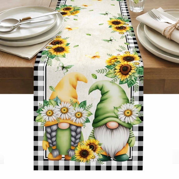 Sunflower Gnomes Table Runner - 70 Inch Long, Kitchen Dining Table Runner Dresser Scarves, Spring Farmhouse Vintage Daisy Leaf Plaid Farmhouse Decor for Coffee Tables Wedding Party Banquet