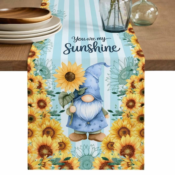 Sunflower Gnomes Table Runner 70 Inches, Summer Botanical Floral Teal Striped Bed Runner Dresser Scarves Tabletop for Indoor Outdoor Parties/Ceremony/Banquet, 13" x 70"