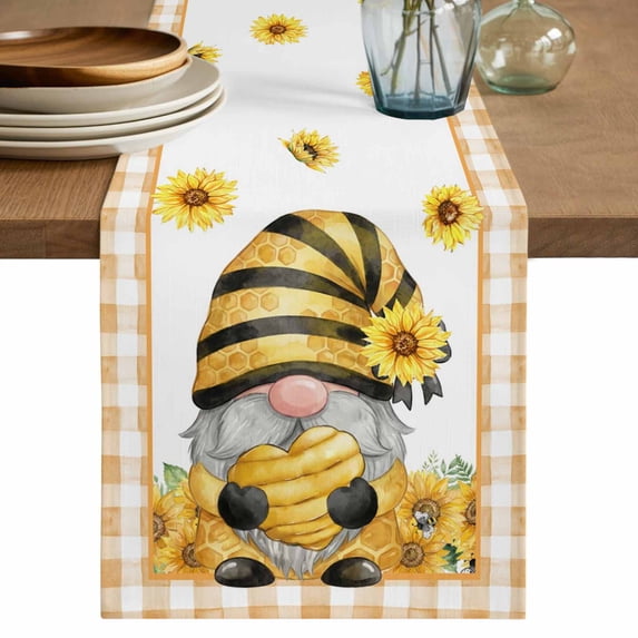 Sunflower Gnomes Table Runner 72 Inches, Summer Botanical Bee Yellow Plaid Bed Runner Dresser Scarves Tabletop for Indoor Outdoor Parties/Ceremony/Banquet, 13" x 72"