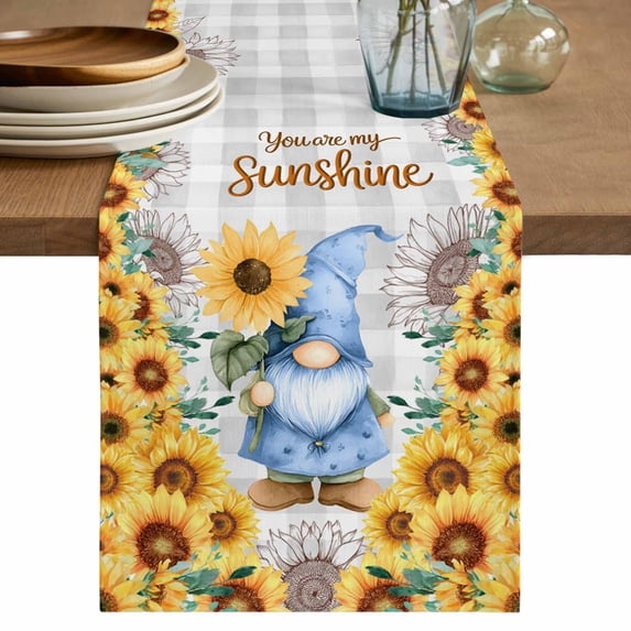 Sunflower Gnomes Table Runner 72 Inches, Summer Botanical Floral Grey Plaid Bed Runner Dresser Scarves Tabletop for Indoor Outdoor Parties/Ceremony/Banquet, 18" x 72"