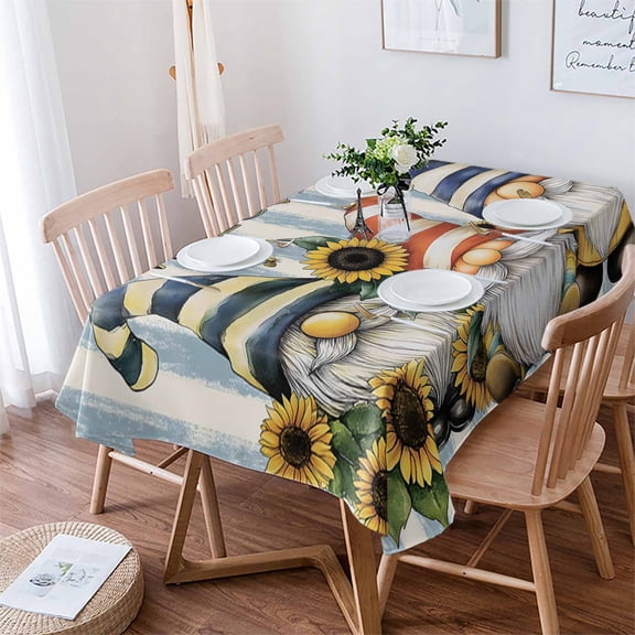 Sunflower Gnomes Tablecloth Rectangle Table Cloth 52x70 , Waterproof Tablecloth Outdoor Table Cloth, Farmhouse Striped Bee Yellow Summer Flower Washable Table Cover for Kitchen Dining Party