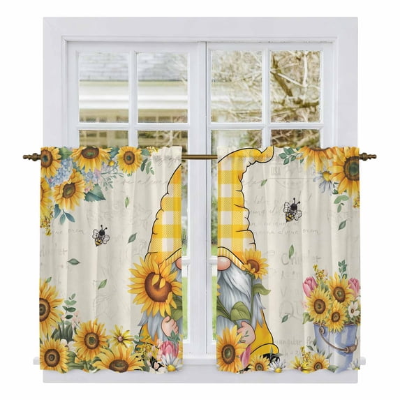 Sunflower Gnomes Tier Curtains, Yellow Sunflower Vintage Leaves Bee Light Filtering Kitchen Curtains, 2Pcs Rod Pocket Half Window Treatments Panels for Sink Cafe Cabinet Basement 27.5x45 Inches