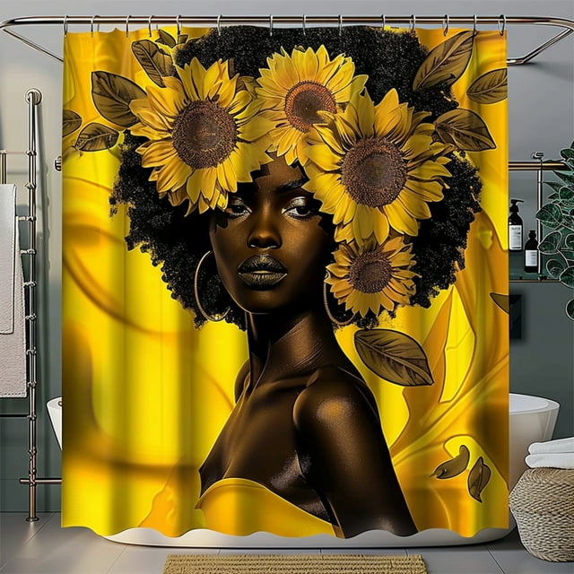 Sunflower Goddess Shower Curtain Set Vibrant Yellow and Black Bathroom