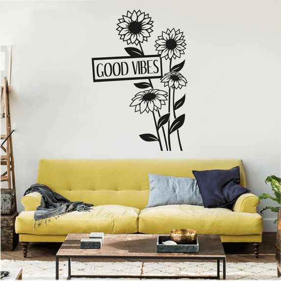 Sunflower Good Vibes Flower Garden Flowers Floral Spring Silhouette Vinyl Design Wall Sticker Wall Art Wall Decal Boy Girl Kid Room Bedroom Gardener Home Decor Stickers Decoration Size (30x22 inch)
