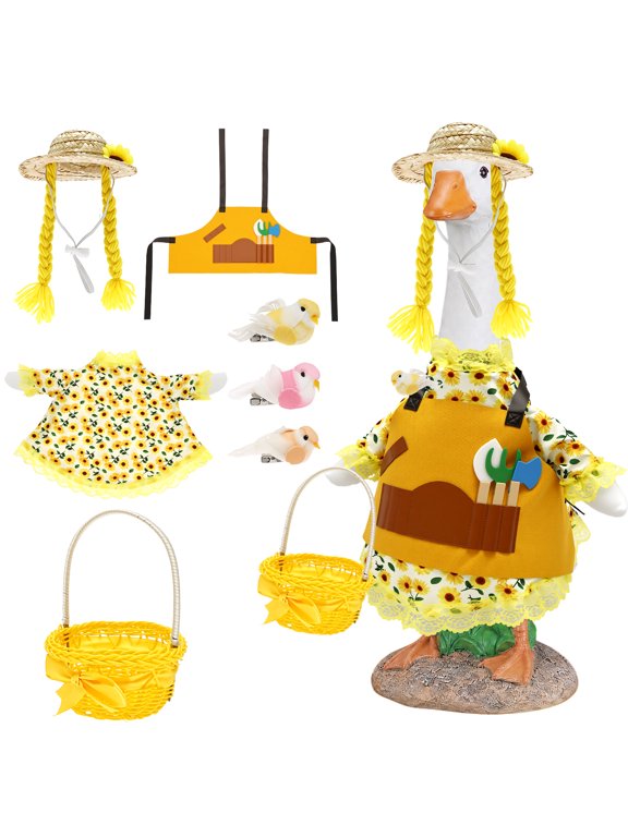 Sunflower Goose Outfit Decor Set Country Themed Costume with Straw Hat Apron Basket for Porch Goose Statue Outdoor Garden Ornament Porch Goose Outfits