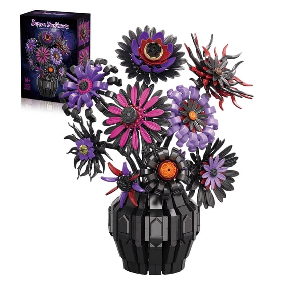 Sunflower Gothic Dark Art Building Set with Vase Base, Flowers Botanical Collection Building Block Home Decor, 1183PCS Flower Bouquet Bonsai Plant Building Kit Gift for Adults Teens Girls Boys