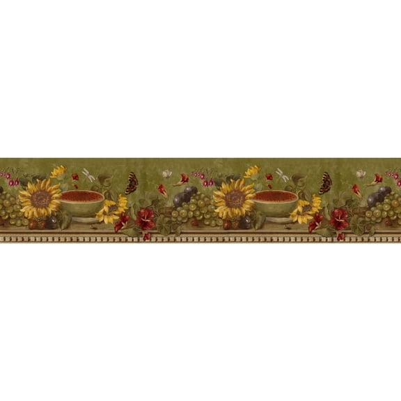 Sunflower Grape Dragonfly Kitchen Wallpaper Border - Artistic Fruits and Floral Wall Dcor - 15 feet Long, 9.25 in. Wide - Pre-pasted