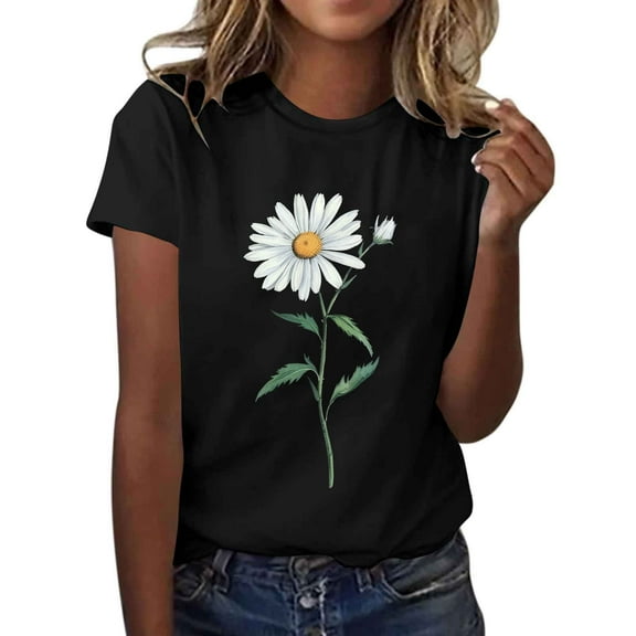 Sunflower Graphic Shirt for Women Cute Floral Printed Graphic Tees Casual Blouse Polyester Crew Neck Short Sleeve Summer Tops New, 19-Black, XXL