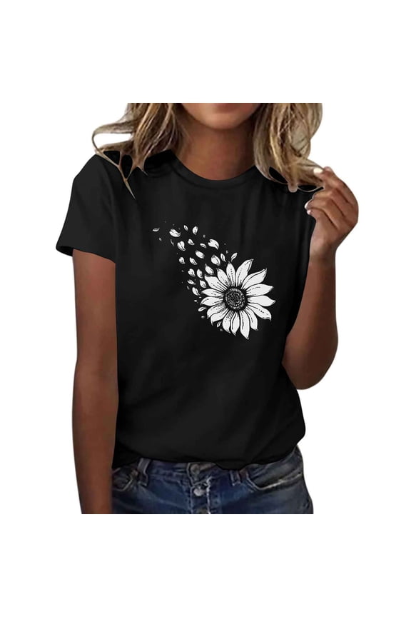 Sunflower Graphic Tees Women Flowers Crew Neck T-Shirt Vintage Boho Floral Print Graphic Tees Casual Crew Neck Short Sleeve Blouse Tops New, 22-Black, XXL