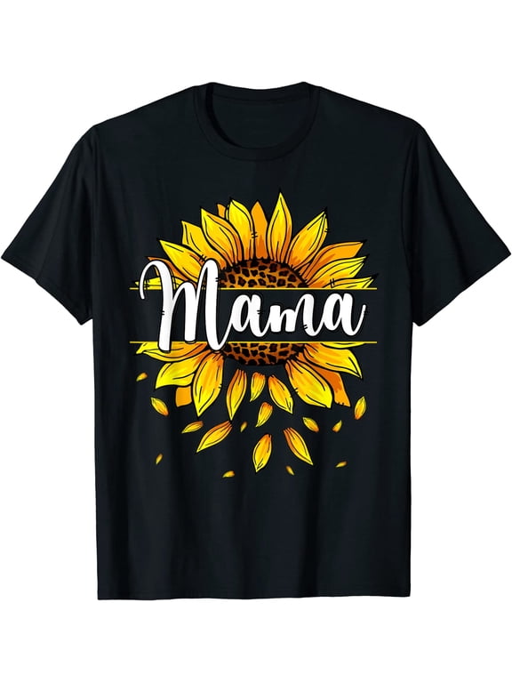 Sunflower Graphic Tshirt for Women Mama With Yellow Sunflower Floral Mothers Day Casual Short Sleeve Tops Black X-Large