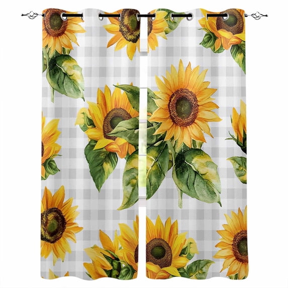 Sunflower Gray Check Blackout Curtains for Bedroom Living Room Darkening Curtains 84 Inch Length 2 Panels Set Spring Summer Flowers Botanical Window Curtain Window Treatment Grommet Drapes 42"x84"