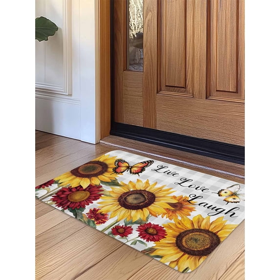 Sunflower Gray Check Door Mat Indoor Outdoor Entrance, Non Slip Rug for Kitchen Bathroom Entryway Rug, Farmhouse Flowers Butterfly Washable Doormat Floor Mat for Office Home Decor 24x36 Inch