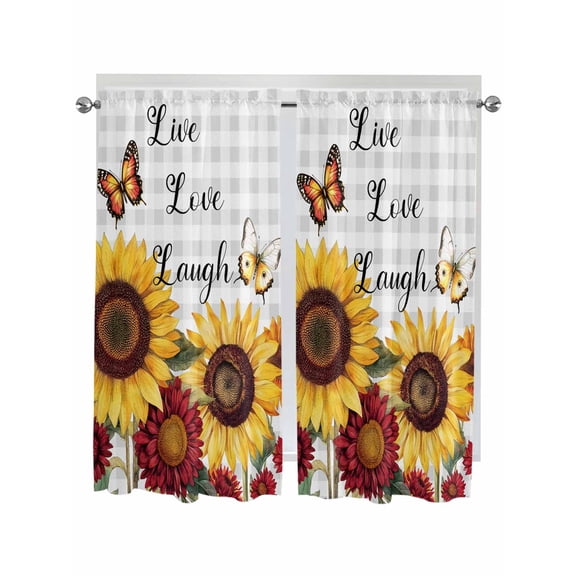 Sunflower Gray Check Kitchen Curtains 72 Inch Length, Farmhouse Flowers Butterfly Rod Pocket Light Filtering Window Curtains Living Room Bedroom Curtain Drapes Cafe Curtain 52''x72''x2