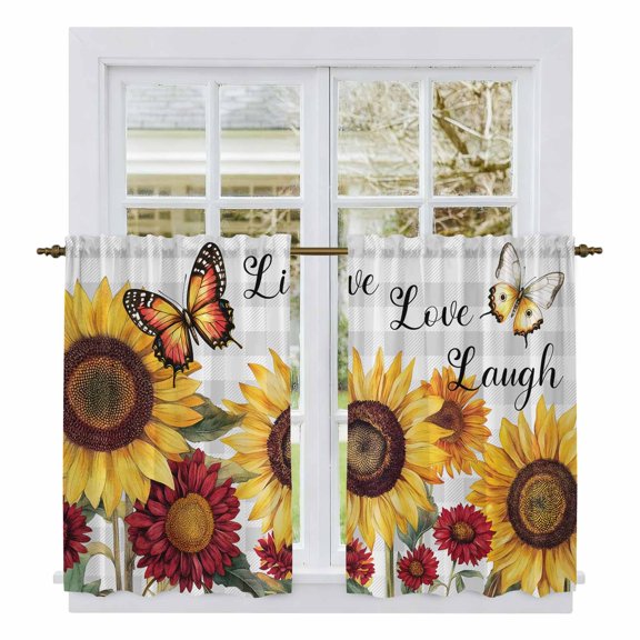 Sunflower Gray Check Kitchen Curtains, Farmhouse Flowers Butterfly Light Filtering Window Curtain Panels, 2Pcs Rod Pocket Window Treatments Set for Study Room Bathroom Bedroom 52x54 Inches