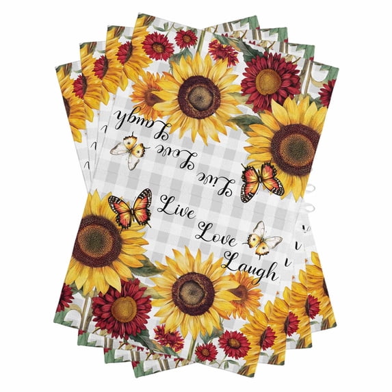 Sunflower Gray Check Kitchen Towels Set of 4, Water Absorbent Dish Towel, Farmhouse Flowers Butterfly Decorative Hand Towels - Quick Drying Cloth for Cooking Baking, 18x28 Inch