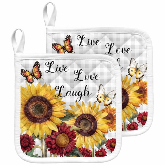 Sunflower Gray Check Pot Holders for Kitchen Heatproof Potholder, 2 Pack Farmhouse Flowers Butterfly Hot Pads Multipurpose Oven Pads Cloth Potholders Trivet for Cooking and Baking