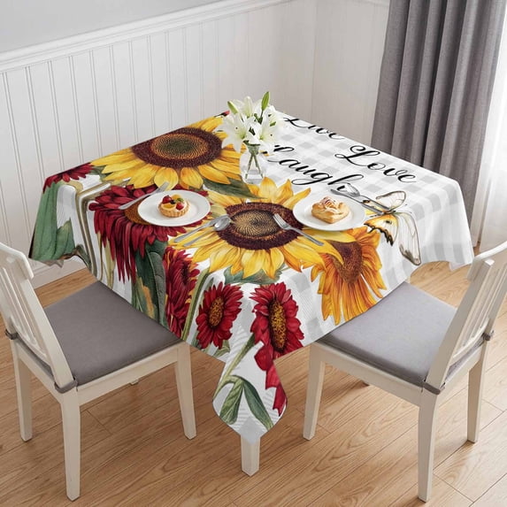 Sunflower Gray Check Table Cloth Waterproof Tablecloths, Farmhouse Flowers Butterfly Tablecloth Dining Table Cover for Kitchen Party Tabletop Outdoor, Square Tablecloth 54x54 Inch