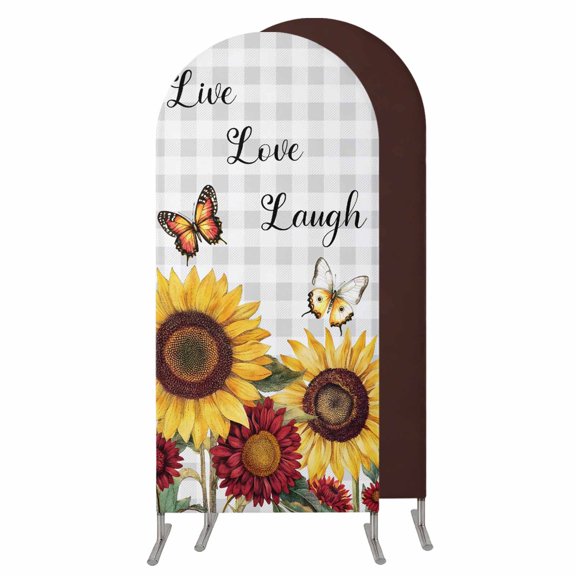 Sunflower Gray Check Wedding Arch Cover, Stretchy Spandex Arch Backdrop Stand Covers 4 FT, Farmhouse Flowers Butterfly Round Top Arched Backdrop Cover for Birthday Party Ceremony Baby Shower Event