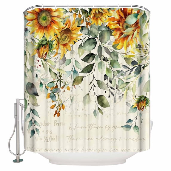 Sunflower Green Eucalyptus Leaves Shower Curtain for Bathroom, Vintage Letter Waterproof Shower Curtains Washable Quick Dry with Hooks Bathtub Curtains 60x72 IN