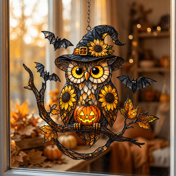 Sunflower Halloween Owl Acrylic Suncatcher Window Hanging Gift for Mom