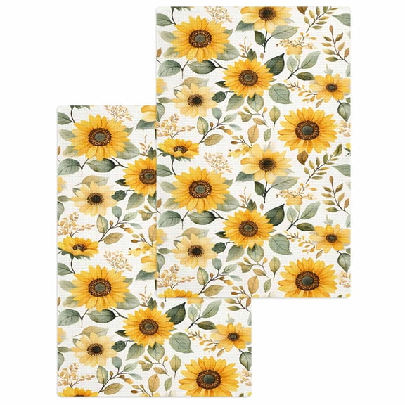 Sunflower Hand Towels Set, Waffle Weave Kitchen Towels 2 Pieces, Farmhouse Spring Summer Botanical Microfiber Hair Face Bath Tea Towel Absorbent Quick Drying Cleaning Dish Cloths, 15.7"x23.6"