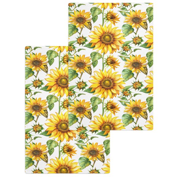 Sunflower Hand Towels Set, Waffle Weave Kitchen Towels 2 Pieces, Yellow Green Botanical Summer Rustic Microfiber Hair Face Bath Tea Towel Absorbent Quick Drying Cleaning Dish Cloths, 15.7"x23.6"