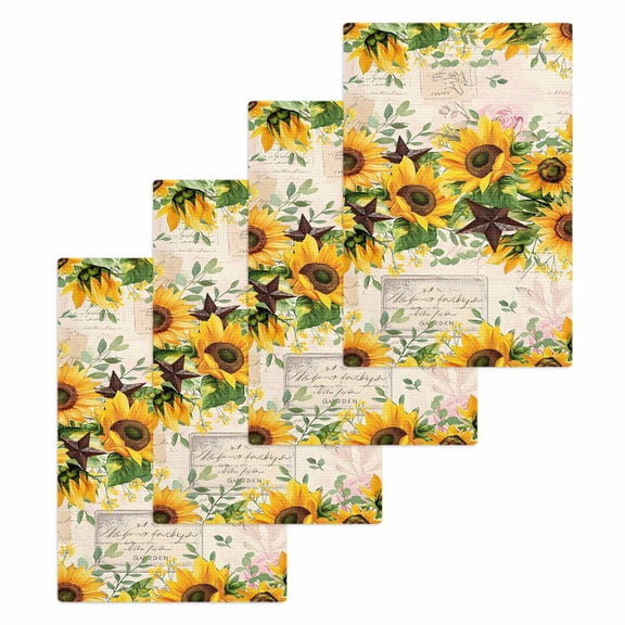 Sunflower Hand Towels Set,Waffle Weave Kitchen Towels 4 Pieces,Yellow Spring Floral Summer Botanical Rustic Microfiber Hair Face Bath Tea Towel Absorbent Quick Drying Cleaning Dish Cloths,15.7"x23.6"