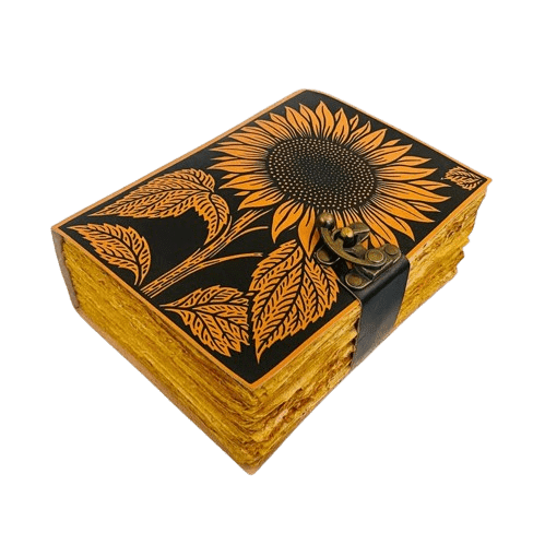 Sunflower Handmade Leather Journal  5x7 inch  200 Deckle Pages  Vintage Floral Notebook