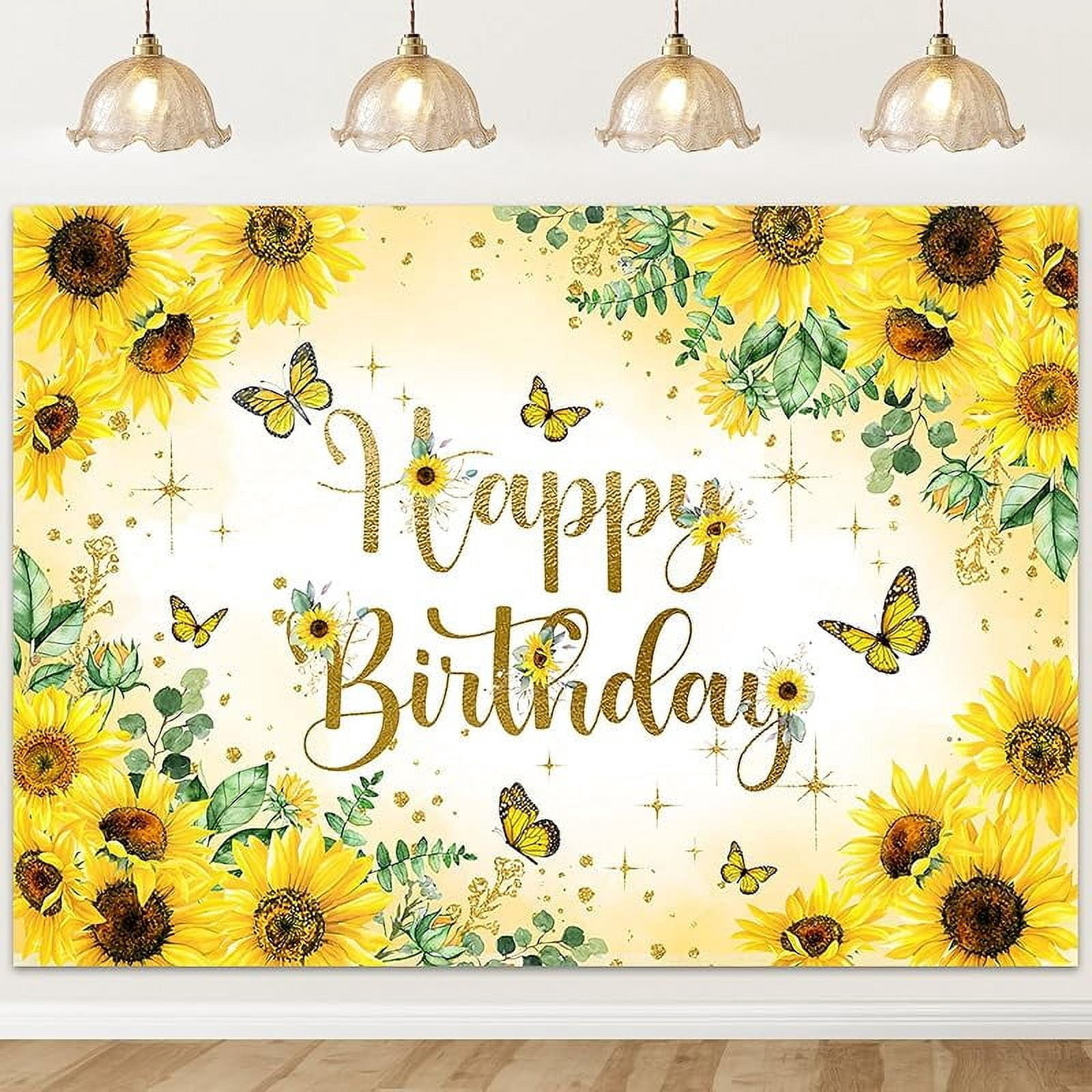 Sunflower Happy Birthday Backdrop Butterfly Sunflowers Gold Dots ...