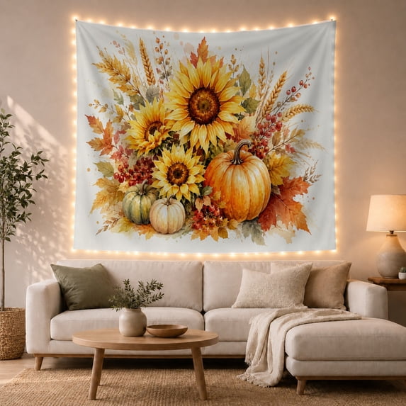 Sunflower Harvest with Pumpkins and Wheat, Warm Rustic Watercolor for Flower Lovers, Botanical Wall Art, Thanksgiving Hostess Gift, Tapestry Wall Hanging for Kitchen and Entryway