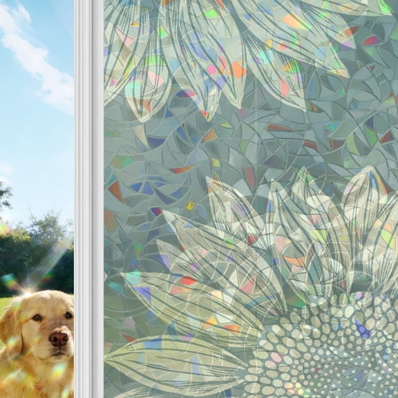 Sunflower Head Rainbow Window Privacy Film, Summer Floral Sage Green Petals Botanical Stained Glass Window Film, Sun Blocking Glass Clings Static Cling Non Adhesive Door Stickers 23.6 x 59 Inches