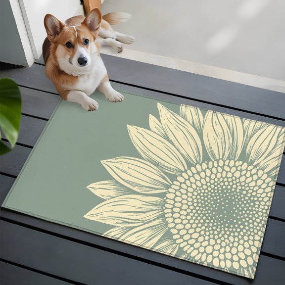 Sunflower Head Small Area Rugs 2x3 Summer Floral Sage Green Petals Botanical Entryway Rugs Washable Door Mat, Low-Profile Area Rugs Non Slip Floor Carpet for Living Room Bedroom Home Office