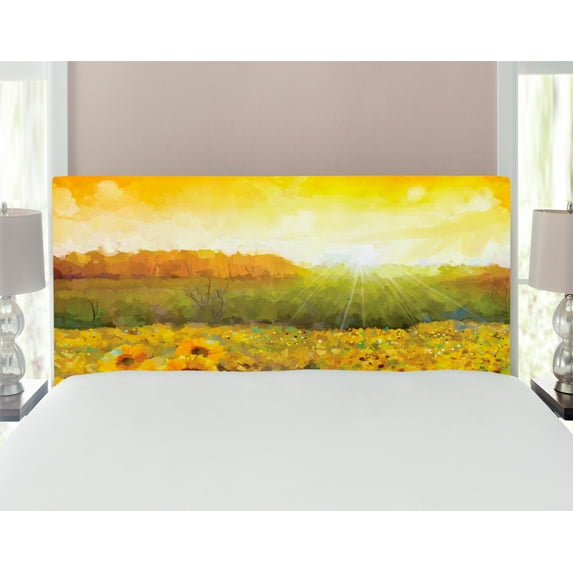 Sunflower Headboard, Landscape a Golden Yellow Field and Distant Hill Sunset Colors Agriculture, Upholstered Decorative Metal Bed Headboard with Memory Foam, Full Size, Orange Yellow, by Ambesonne