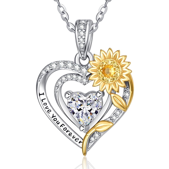 Sunflower Heart Necklace for Women Sterling Silver Sunflower Pendant Jewelry CZ April Birthstone Necklace Anniversary Birthday Gifts for Women Wife Mom Grandma Her