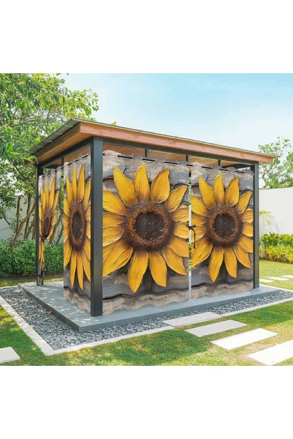 Summer Sunflower Outdoor Curtains for Patio, Vintage Yellow Flowers Wood Grain Waterproof Outside Curtains Privacy Blackout Curtain for Porch Pergola Cabana, 1 Panel 54W x 95L Inch