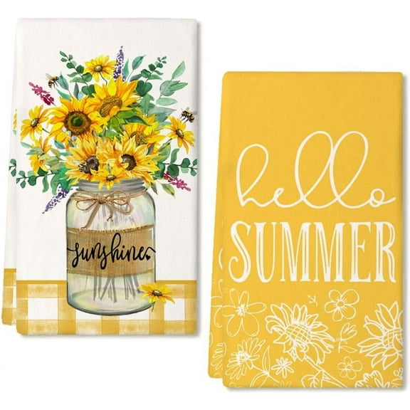 Sunflower Hello Summer Kitchen Towels Dish Towels Set of 2,Yellow Vase Floral Hand Towels 18x26 Inch Drying Dishcloth,Farmhouse Home Seasonal Holiday Summer Decorations