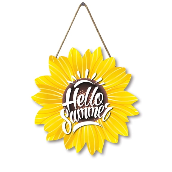 Sunflower Hello Summer Wood Door Hanger 12 Inch Large Wooden Flower Sign Inspirational Wall Porch Art Summer Fall Front Door Wreath Hanging for Bedroom Living Room Indoor Outdoor Kitchen Home Decor