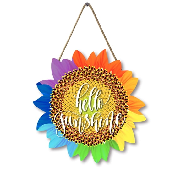 Sunflower Hello Sunshine Wood Door Hanger 12 Inch Large Wooden Flower Sign Inspirational Wall Porch Art Summer Fall Front Door Wreath Hanging for Bedroom Living Room Indoor Outdoor Kitchen Home Decor