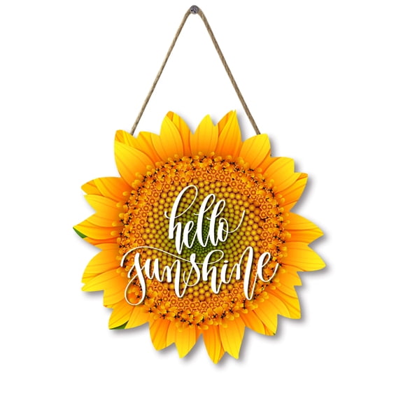 Sunflower Hello Sunshine Wood Door Hanger 12 Inch Large Wooden Flower Sign Inspirational Wall Porch Art Summer Fall Front Door Wreath Hanging for Bedroom Living Room Indoor Outdoor Kitchen Home Decor