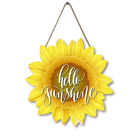Sunflower Hello Sunshine Wood Door Hanger 12 Inch Large Wooden Flower Sign Inspirational Wall Porch Art Summer Fall Front Door Wreath Hanging for Bedroom Living Room Indoor Outdoor Kitchen Home Decor