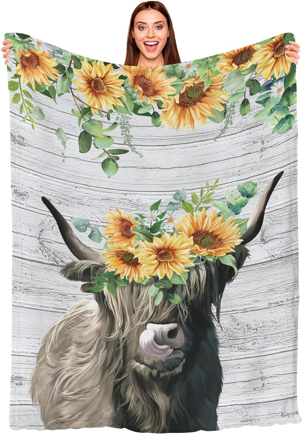 Sunflower Highland Cow Blanket Animals Flowers Cow Flannel Throw Blanket Soft Cozy Fleece Plush Warm Flannel Bedding Blanket for Kids Girls Boys 40x50inch