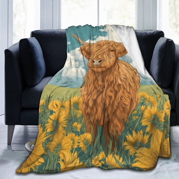 Sunflower Highland Cow Blanket Bright Summer Farm Art Soft Flannel Fleece Blanket for Sofa Bed Home Garden Decor 50x40