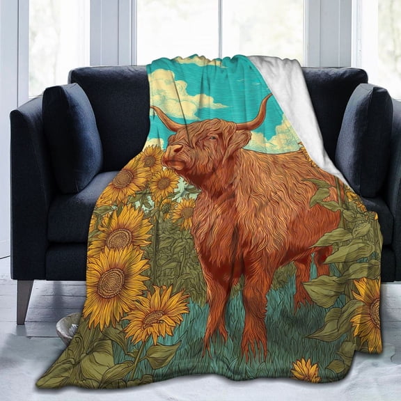 Sunflower Highland Cow Blanket Bright Summer Farm Art Soft Flannel Fleece Blanket for Sofa Bed Home Garden Decor 50x40