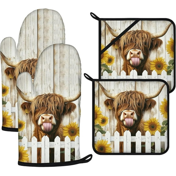 Sunflower Highland Cow Oven Mitts and Pot Holders Sets 4Pcs,Extra Long Oven Gloves Potholder for Kitchen Cooking Baking BBQ 100% Cotton Heat Resistant