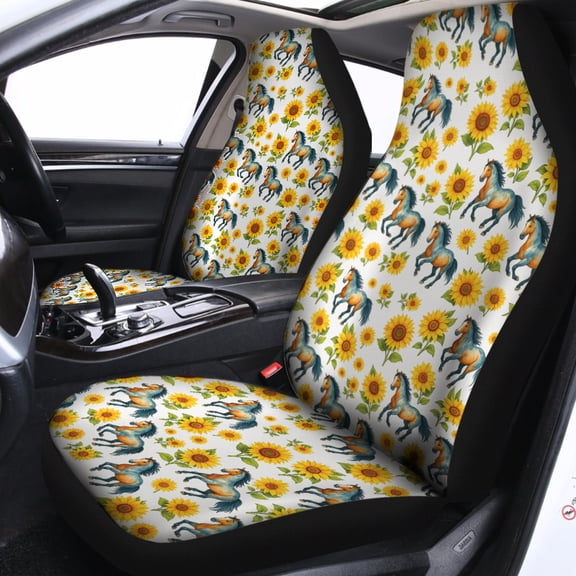 Sunflower Horse Car Seat Covers – Floral Wild Horse Pattern Auto Seat Protectors, Country Farm Style Vehicle Interior Decor