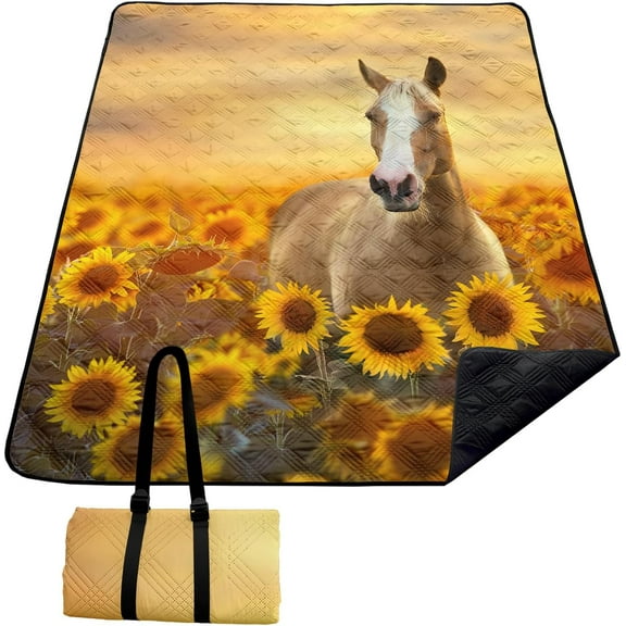 Sunflower Horse Outdoor Picnic Mat Horse Waterproof Picnic Blankets 60x80 Inches Large Sandproof Beach Blanket Foldable Outdoor Blanket for Camping on Grass Picnic Mat