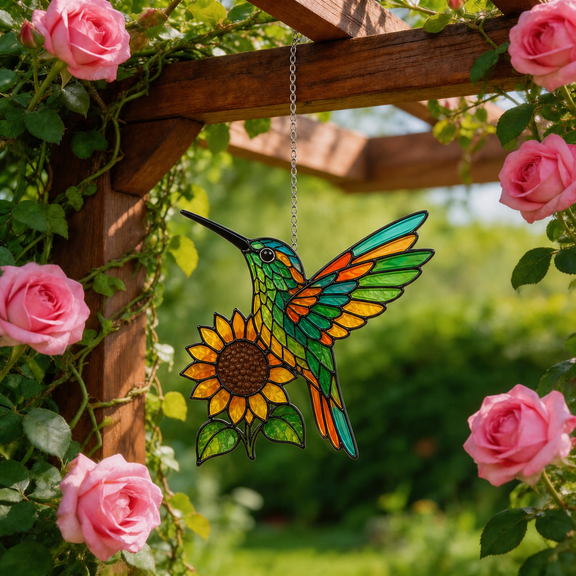 Sunflower Hummingbird Acrylic Suncatcher Window Hanging Gift for Mom Garden Lover