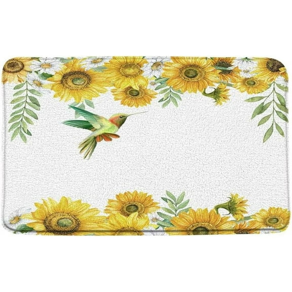 Sunflower Hummingbird Bath Mat Spring Yellow Flower Bird Green Leaf Rustic Farmhouse Bathroom Bedroom Living Room Kitchen Decor Microfiber Memory Foam Door Rug 30"x18"