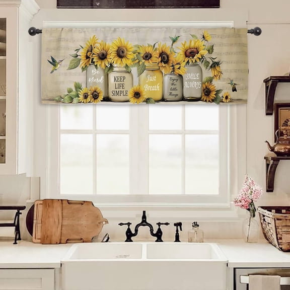 Sunflower Hummingbird Kitchen Curtain Valance 54W x 18H Rod Pocket Farmhouse Rustic Plant Vintage Inspirational Window Treatment for Living Room Bedroom Bathroom